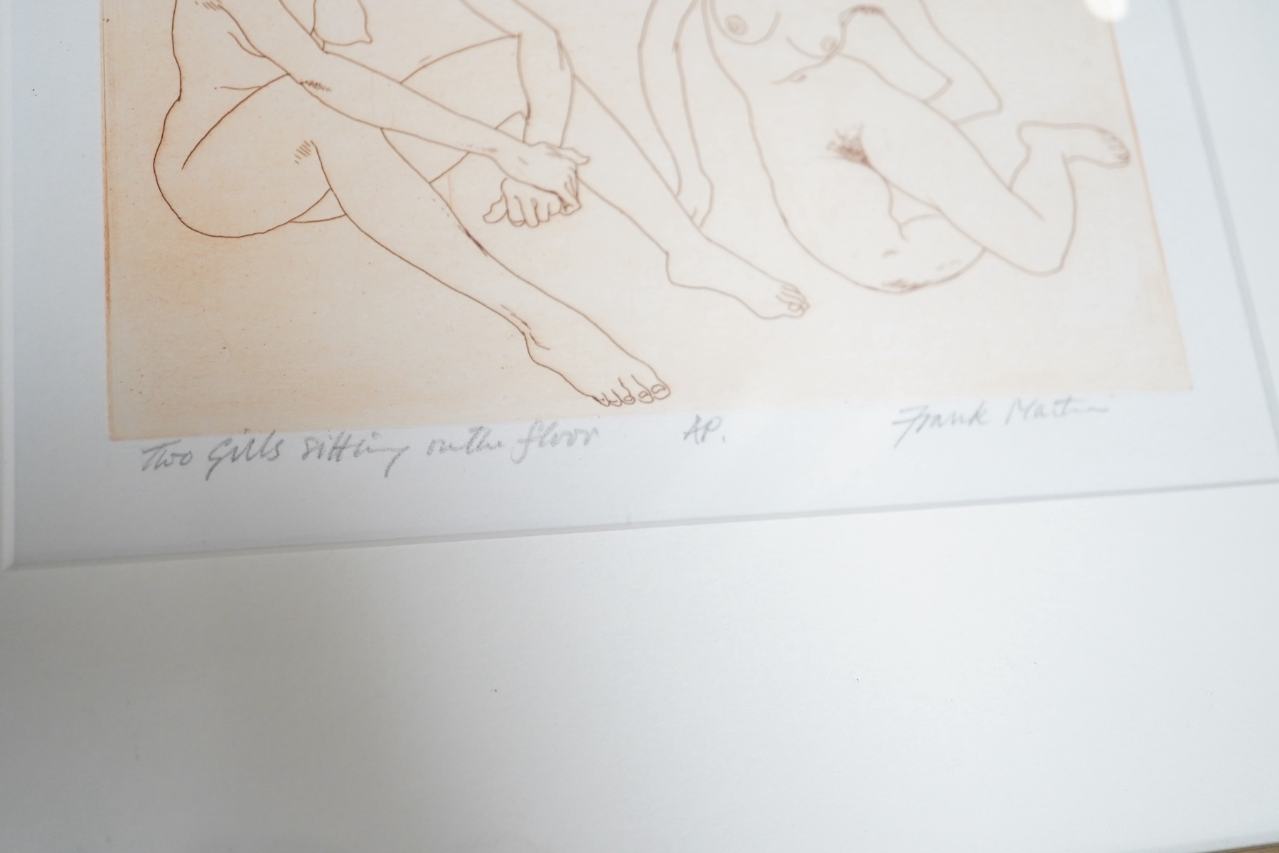 Frank Martin (1921-2005), three engravings and etchings, to include Two girls sitting on the floor, artist's proof and ‘Floor Show’, limited edition 1/10, each signed, largest 20 x 12cm. Condition - fair/good